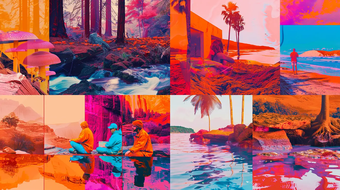 Surreal Chromatic Fusion: An Exploration of Dreamlike Hues in Nature - Midjourney sref style