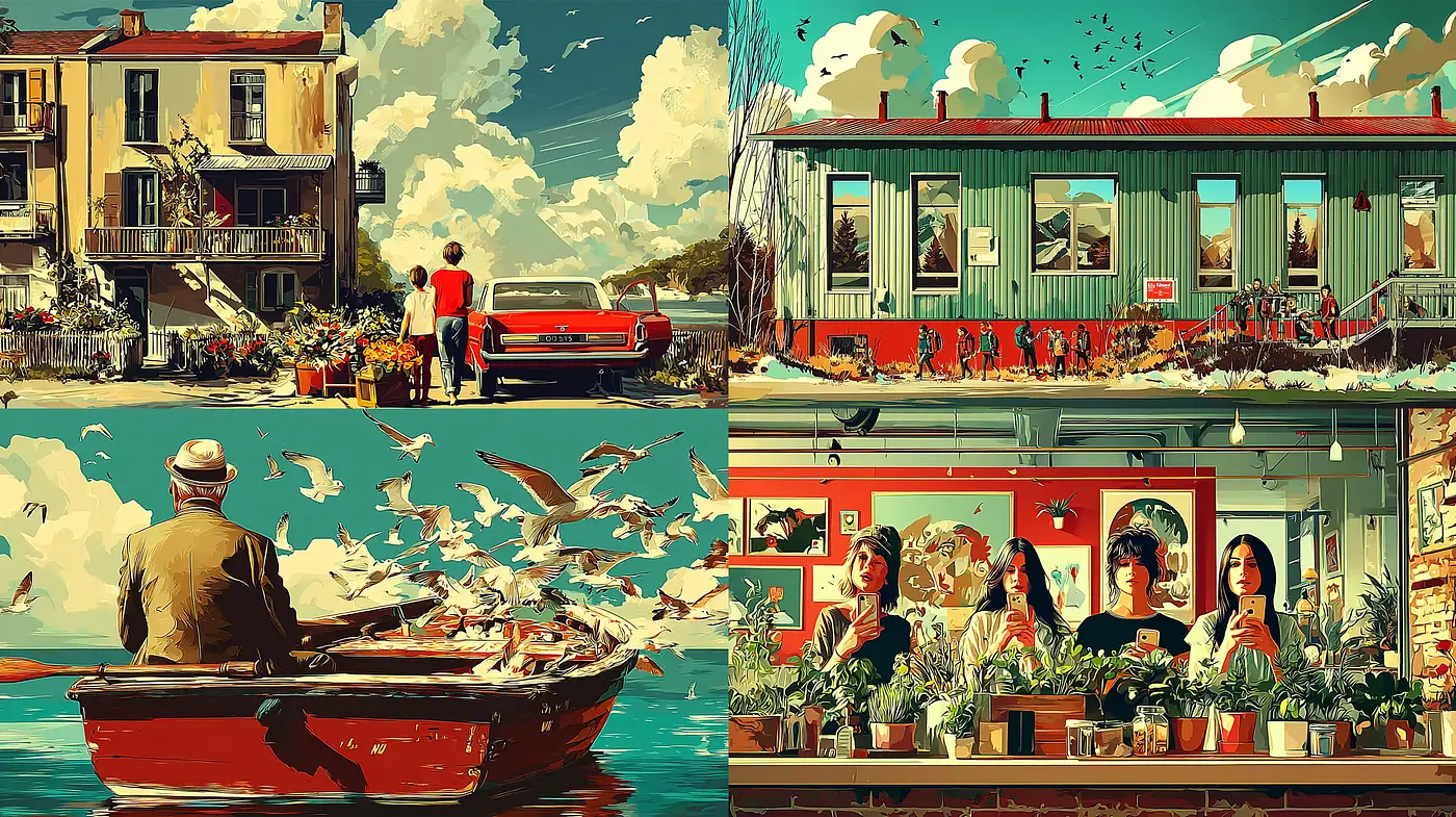 Vibrant and Nostalgic Coastal Scenes with a Touch of Retro Flair - Midjourney sref style