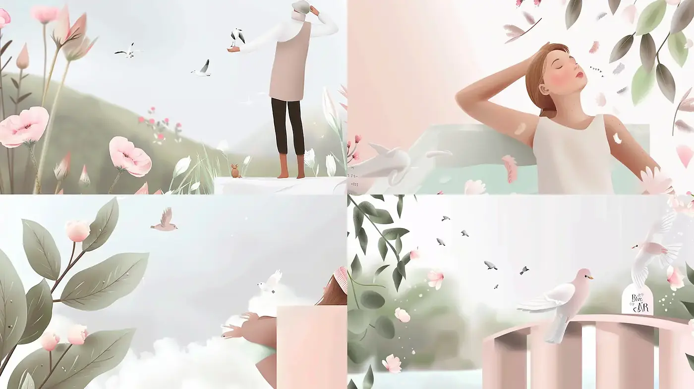 Serene and Dreamy Digital Illustrations with Soft Organic Elements - Midjourney sref style