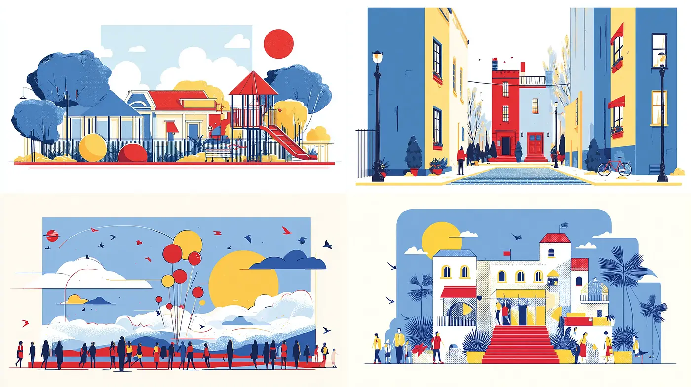 Dynamic and Vibrant Urban Illustrations with Playful Elements - Midjourney sref style