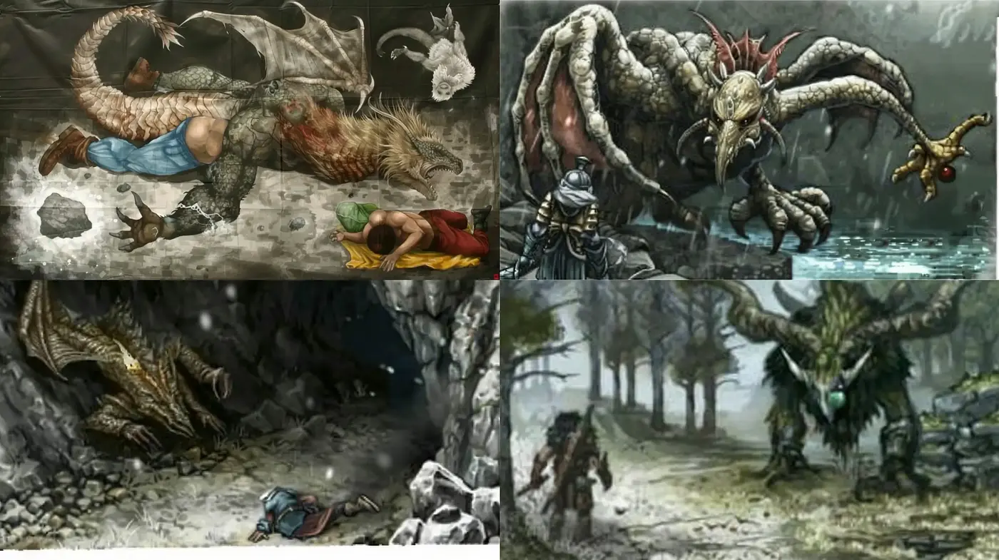 Gritty Mythological Fantasy: A Homogeneous Fusion of Dark Hues and Brooding Atmosphere - Midjourney sref style