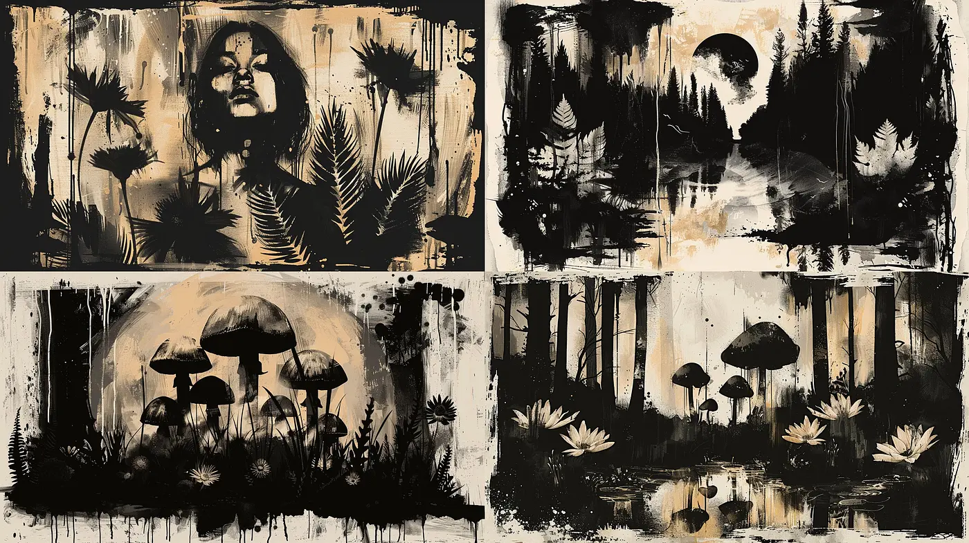 Monochromatic Nostalgia: A Fusion of Nature and Abstract Expressionism - Midjourney sref style