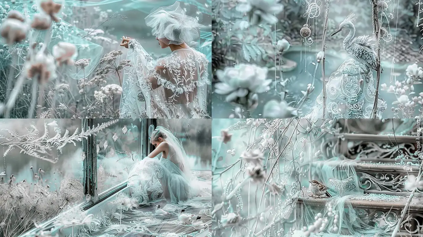 Ethereal Icy Dreamscape: A Surreal Blend of Refined Elegance and Frosted Nature - Midjourney sref style