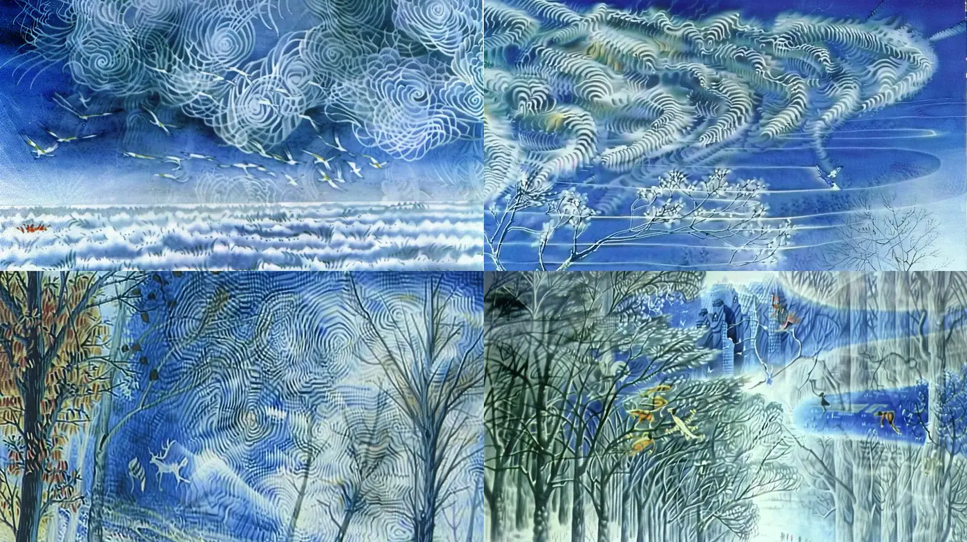 Ethereal Swirls and Fluid Dynamics in a Mystical Blue Dreamscape - Midjourney sref style