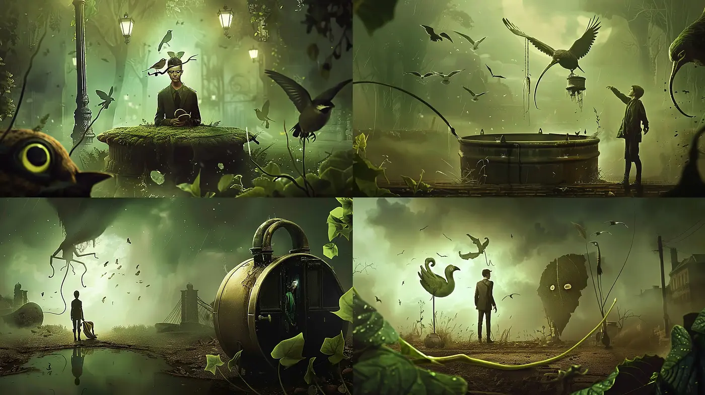 Mystical Green Evolutionary Visions in Digital Art - Midjourney sref style