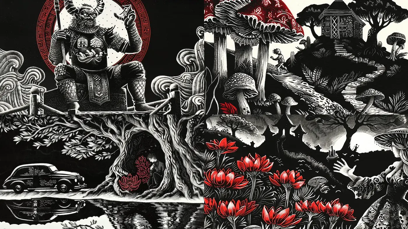 Dark and Whimsical Folk Art with Intricate Detailing and Contrasting Colors - Midjourney sref style