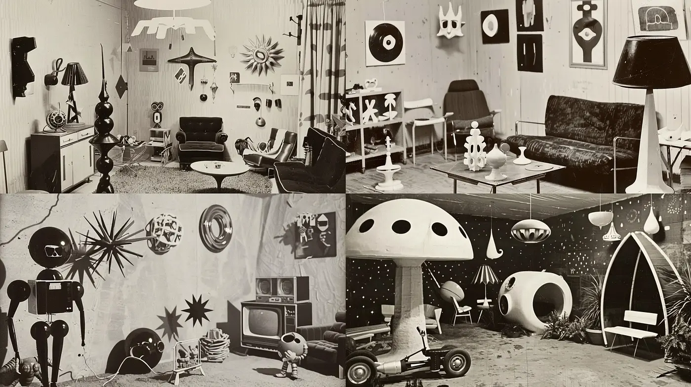Monochromatic Midcentury Modern Interiors with a Surreal Twist - Midjourney sref style