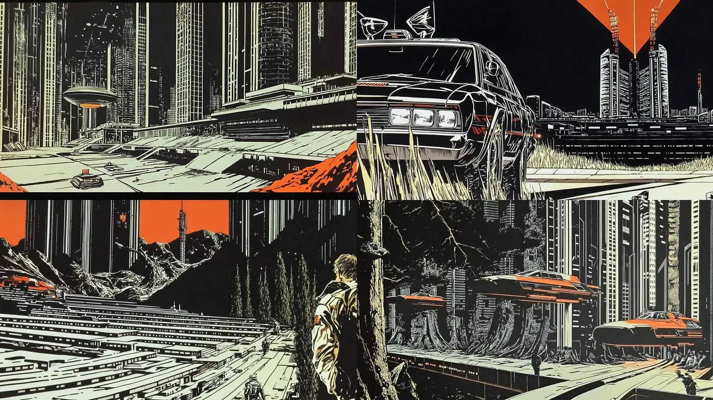 Futuristic Noir Panorama with Retro-Vibrant Undertones - Midjourney sref style