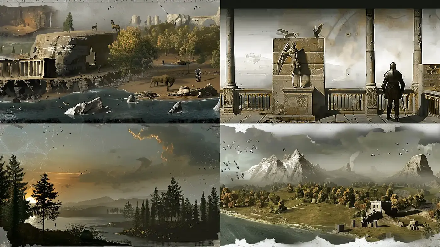 Epic landscapes with a blend of classical and fantastical elements - Midjourney sref style