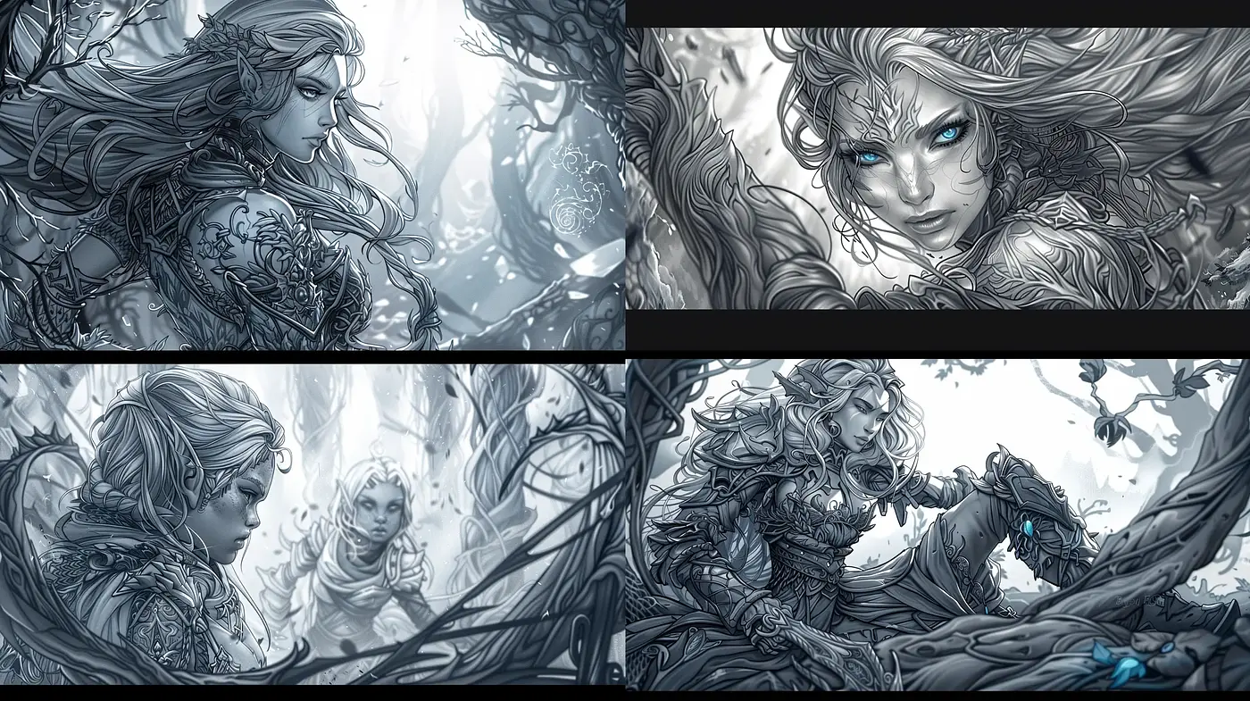 Monochromatic Enchantment: A Study in Blue-Tinted Fantasy Illustration - Midjourney sref style