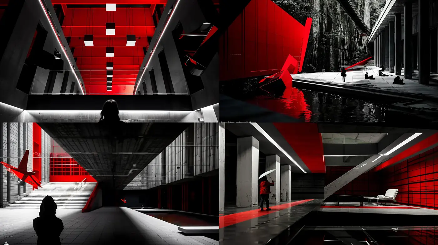 Stark Contrast and Geometric Harmony: A Study in Red and Black - Midjourney sref style