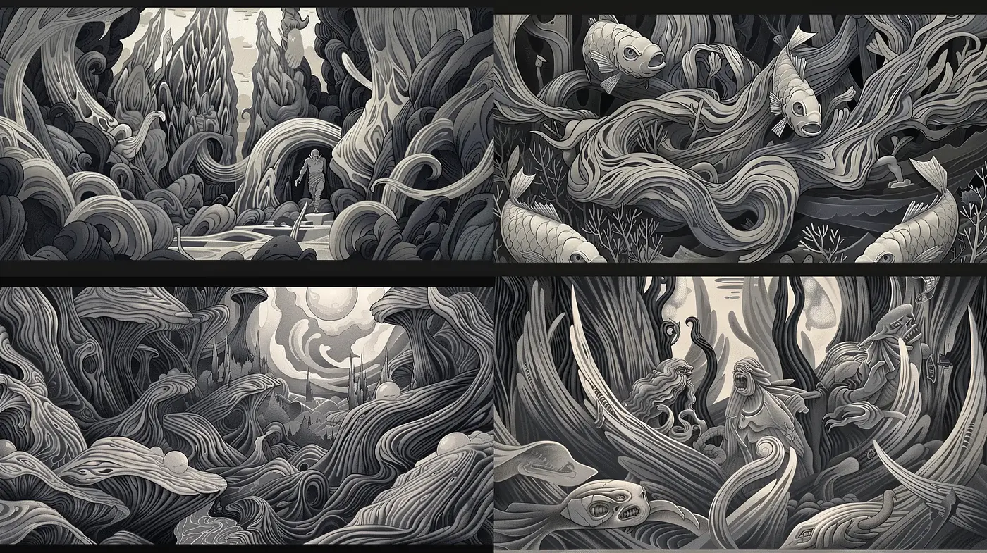 Monochromatic Whirls of Surrealist Dreamscape - Midjourney sref style