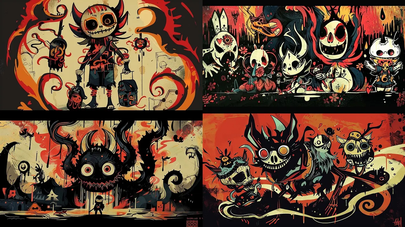 Whimsical Inferno: A Vivid Dance of Macabre Fantasia and Fire-toned Surrealism - Midjourney sref style