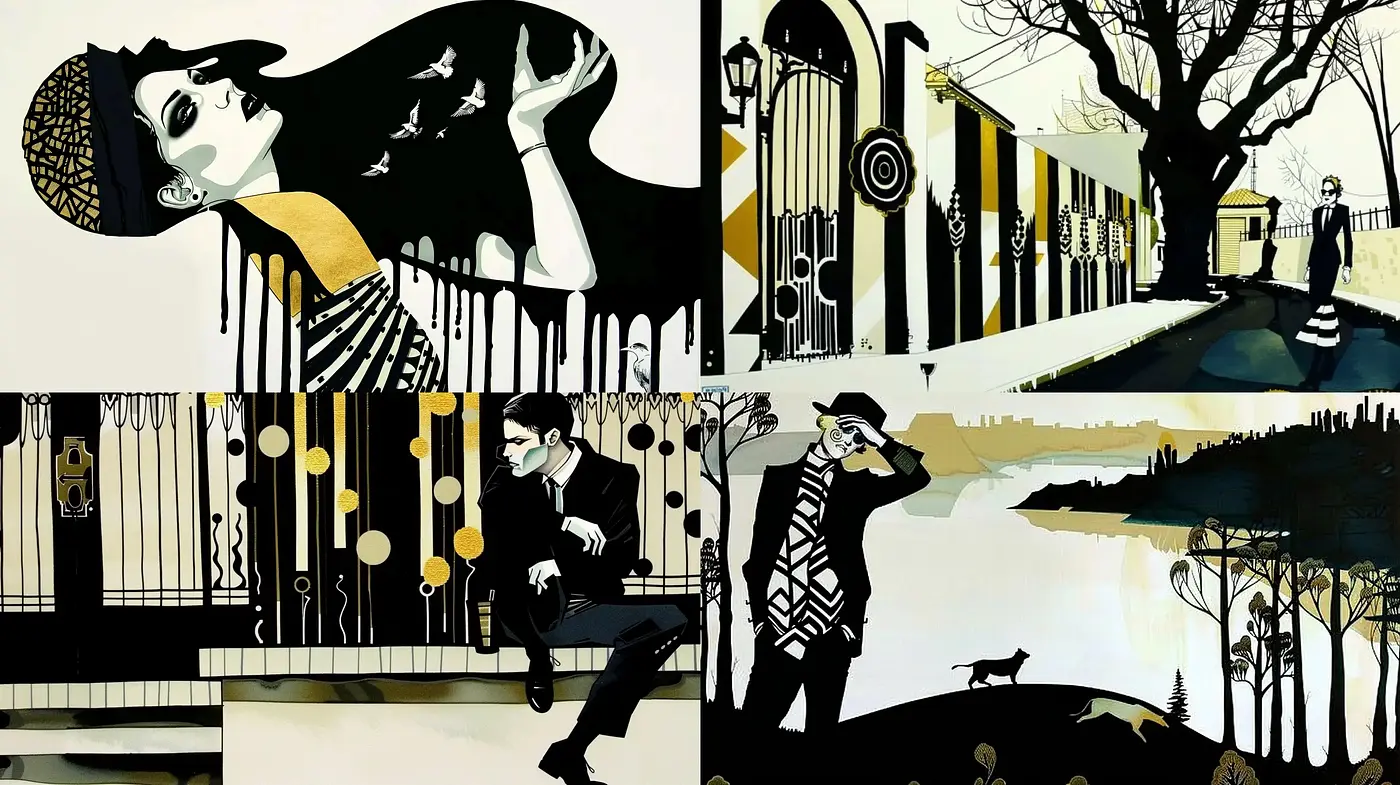 Monochromatic Elegance with a Splash of Gold - Midjourney sref style