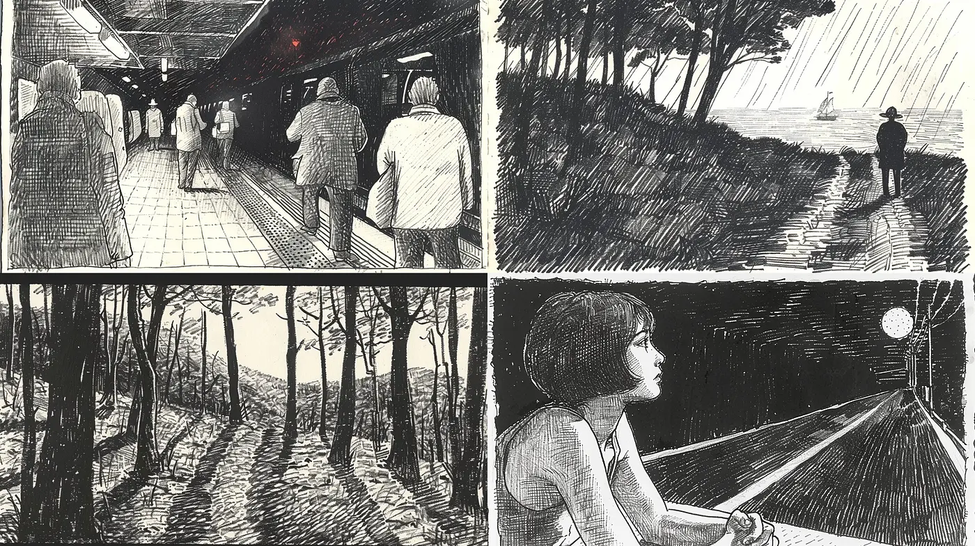 Crosshatched Contemplation: A Diverse Exploration of Monochrome Textures and Melancholic Moods - Midjourney sref style
