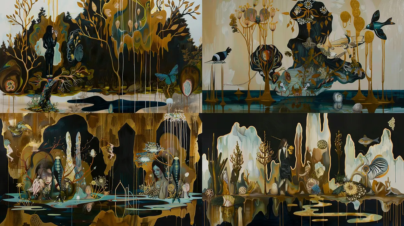 Surrealistic Fusion of Natural Elements and Art Nouveau in a Sepia-Dreamlike Aesthetic - Midjourney sref style