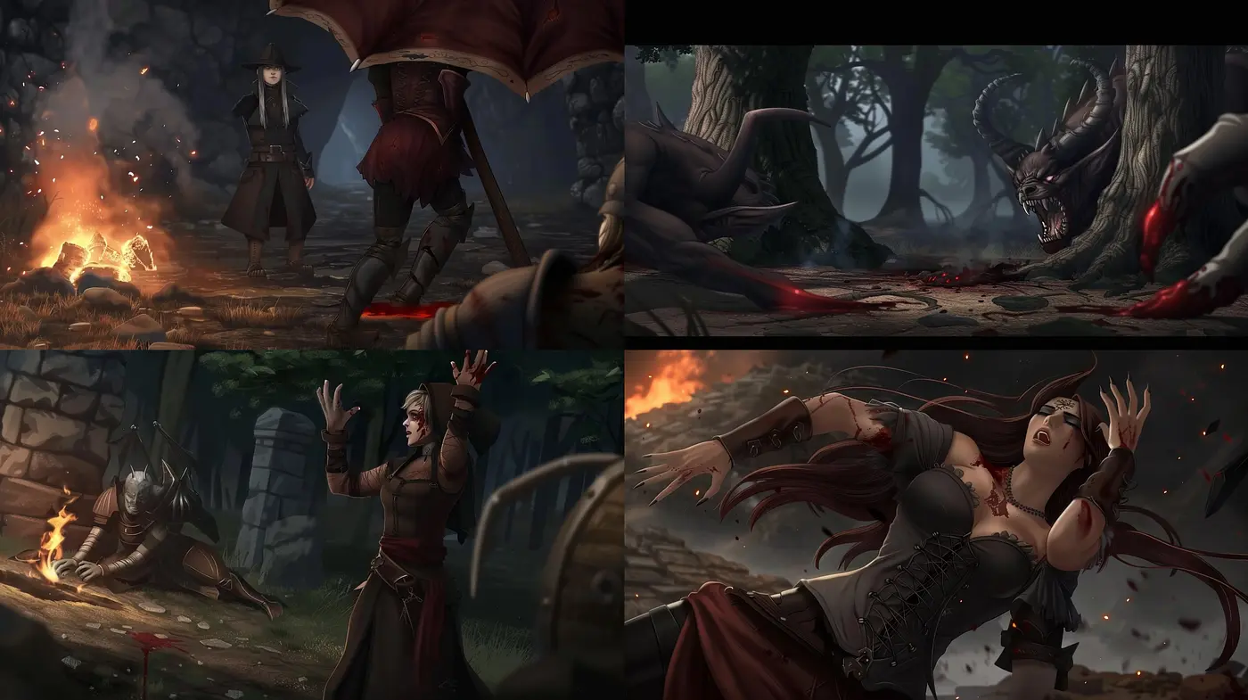 Ethereal Shadows and Crimson Echoes: A Dark Fantasy Digital Art Tapestry - Midjourney sref style