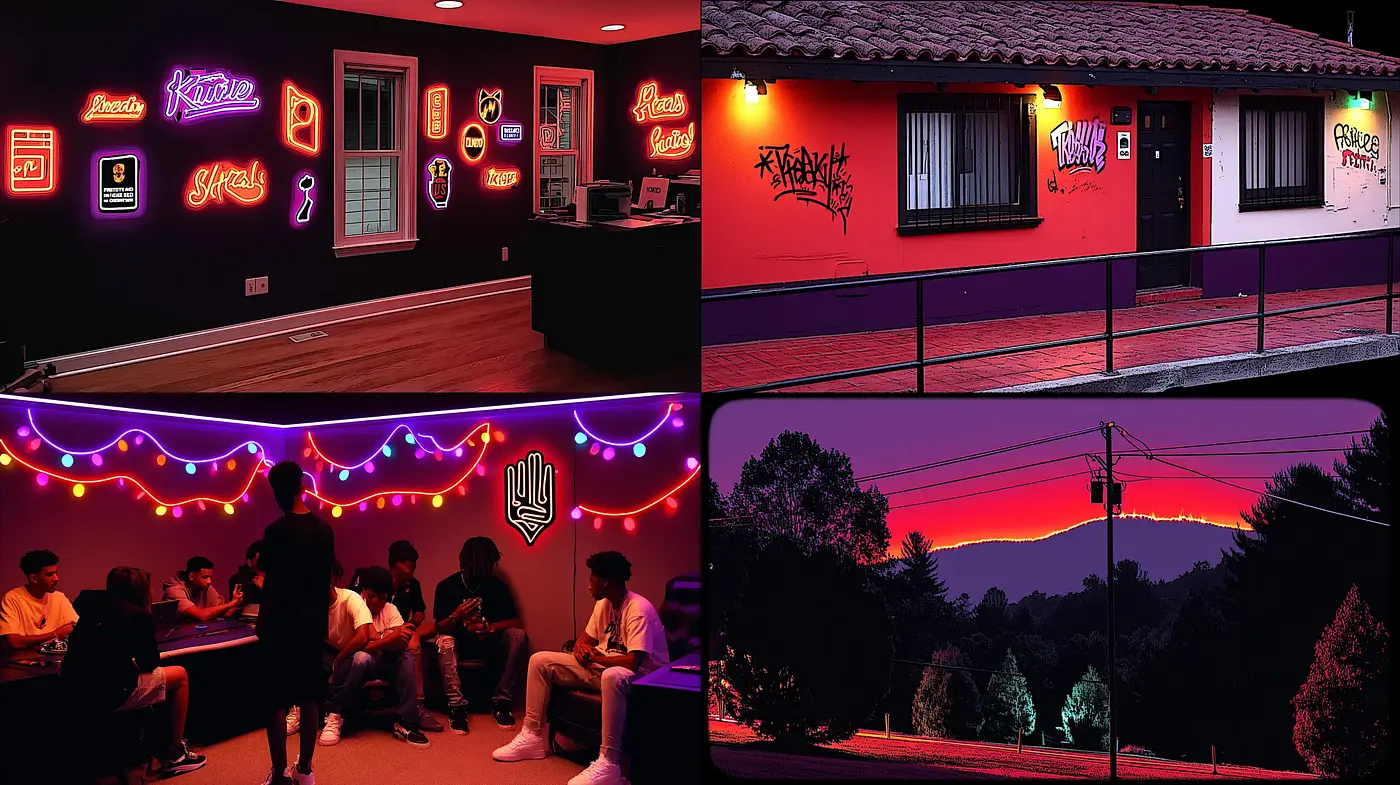 Urban nostalgia with vibrant neon aesthetics - Midjourney sref style