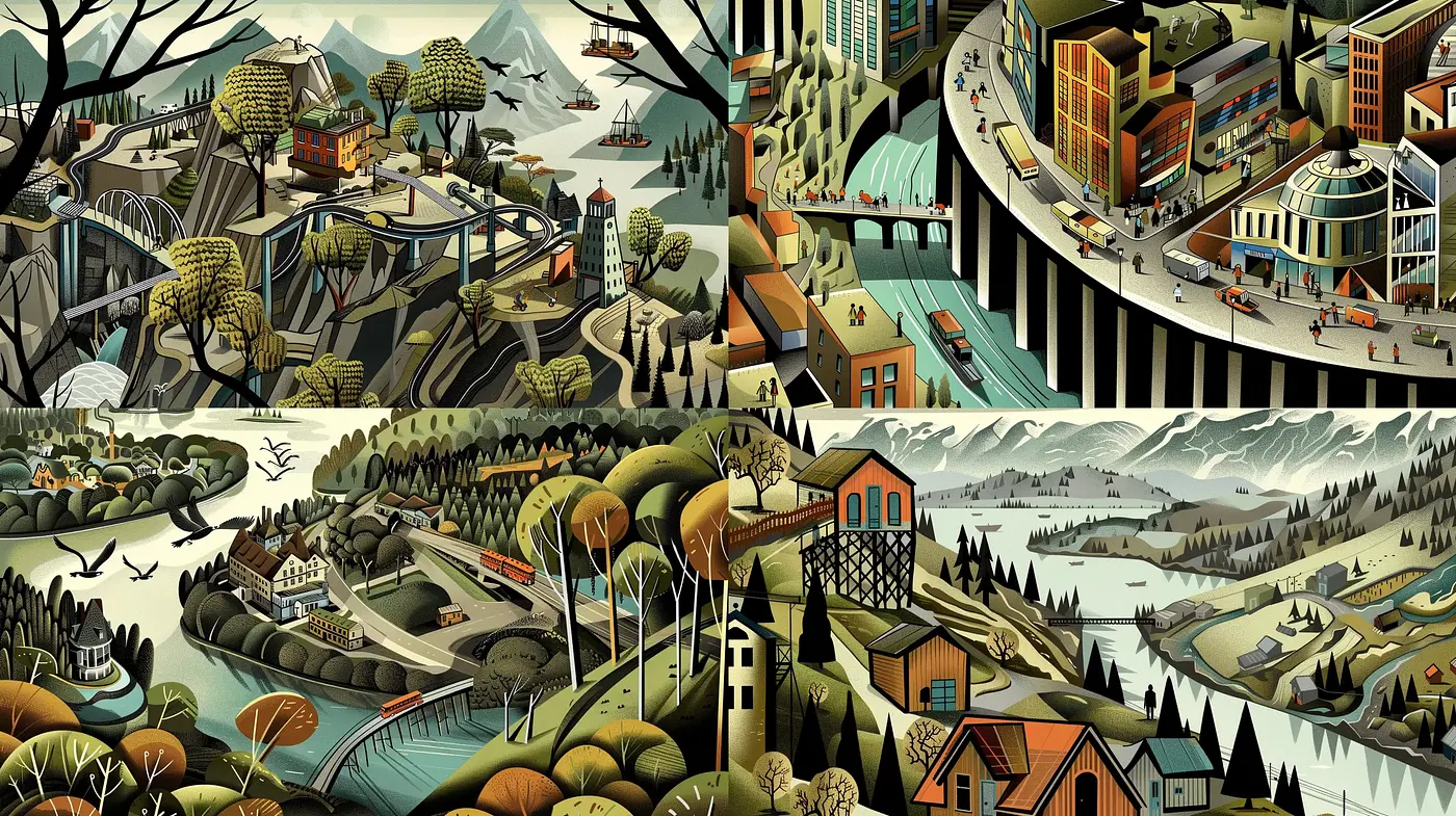 Stylized Geometric Serenity: Consistent Retro-Futuristic Landscapes - Midjourney sref style