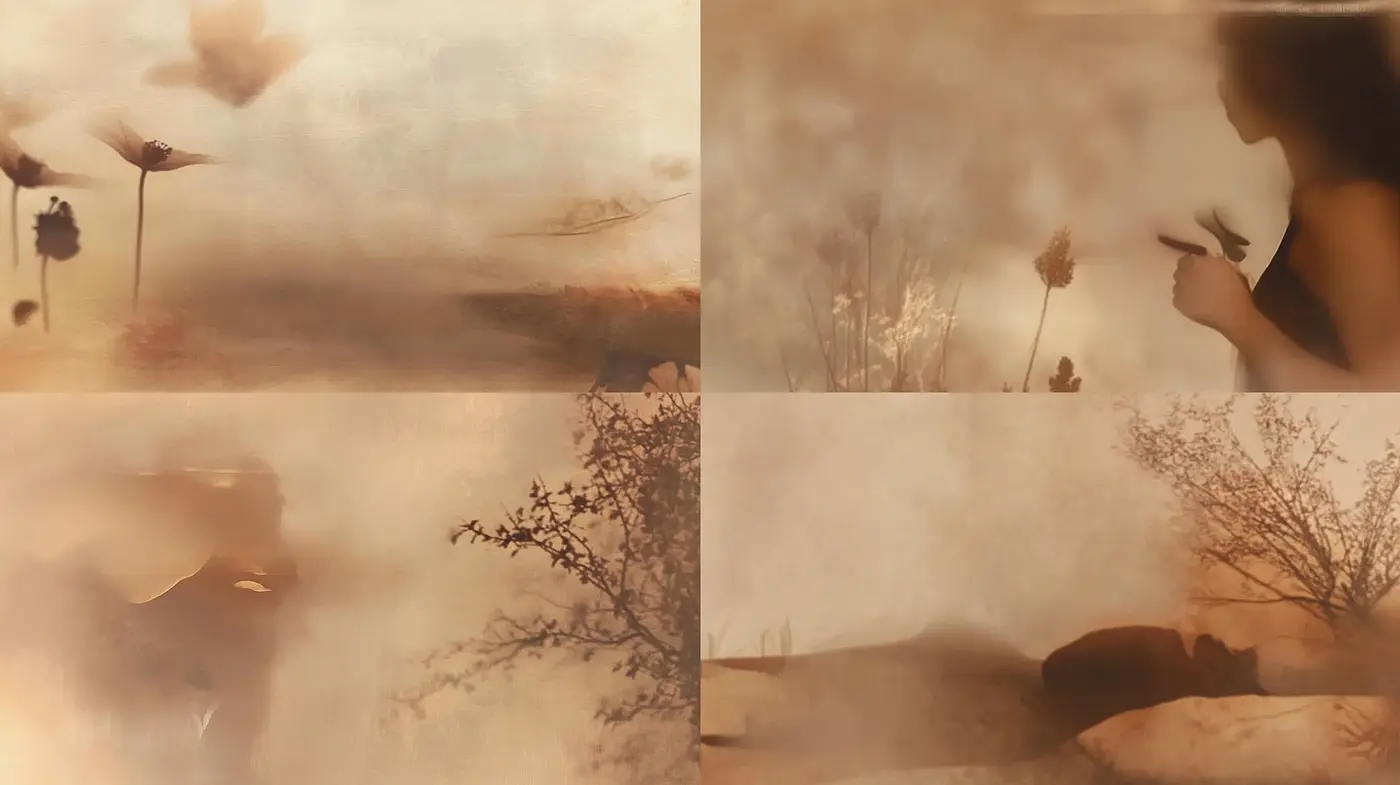 Ethereal Sepia Dreamscape: A Study in Misty Tones and Soft Textures - Midjourney sref style