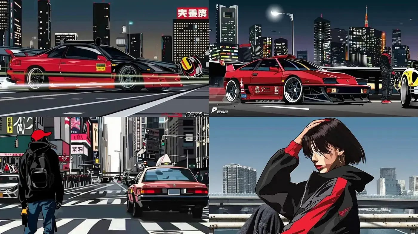 Dynamic Urban Aesthetic with Retro Influences and Fluid Lines - Midjourney sref style