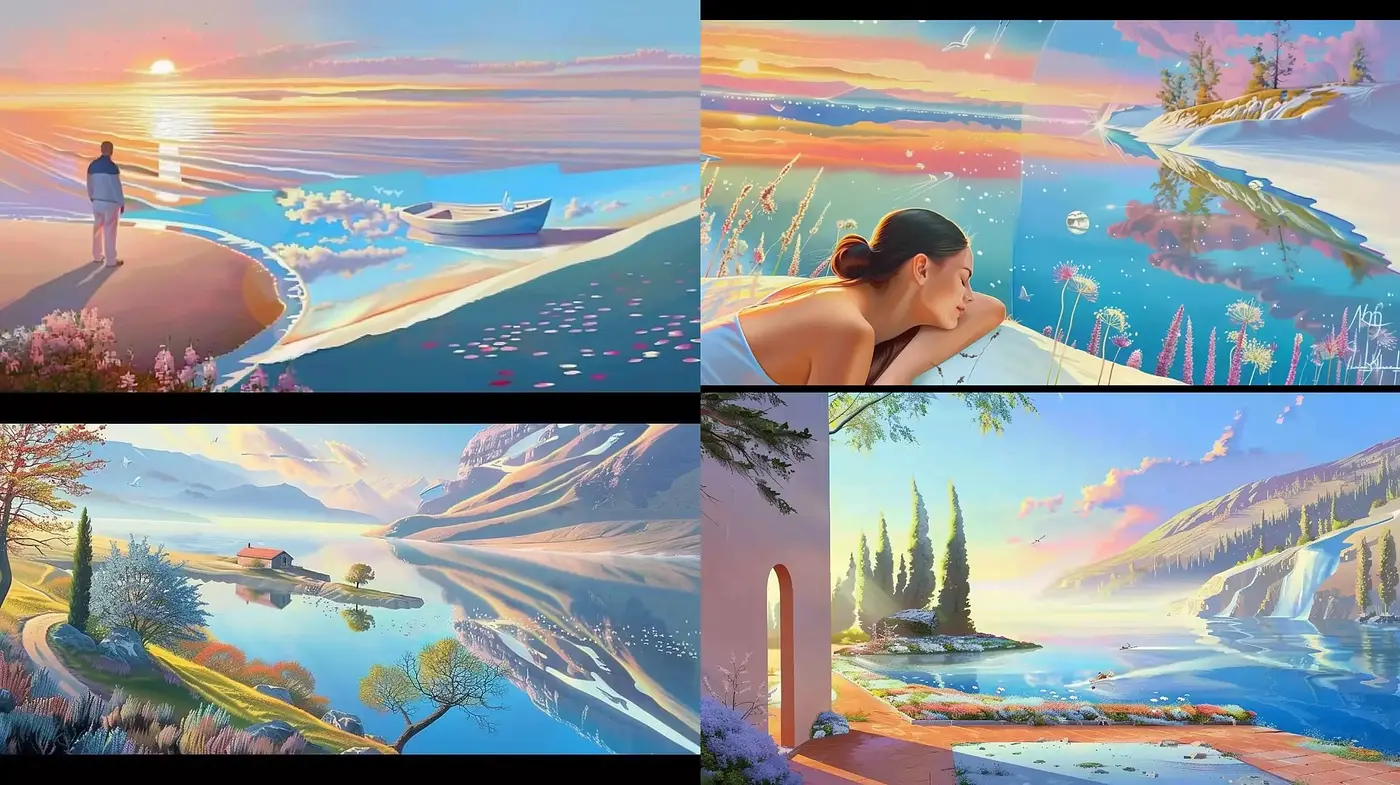 Serene Vistas: A Harmonious Blending of Idyllic Landscapes and Sunset Hues - Midjourney sref style