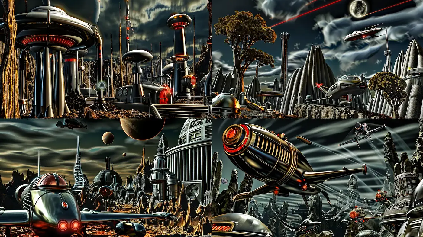 Futuristic Landscape with Retro Aesthetic Elements - Midjourney sref style