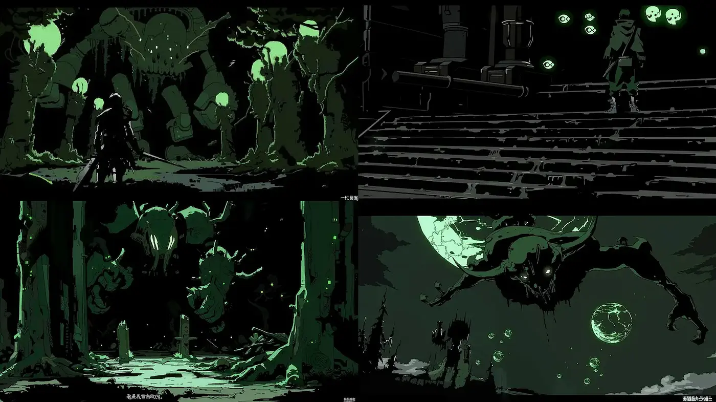 Dark, atmospheric illustrations with a moody and immersive aesthetic - Midjourney sref style