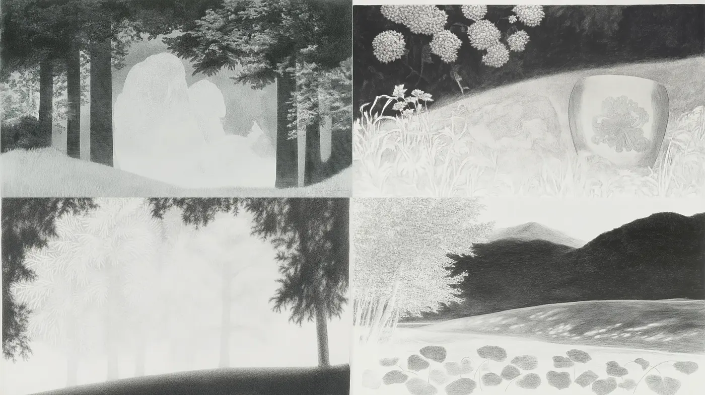 Monochrome Ethereal Landscapes of Serenity - Midjourney sref style