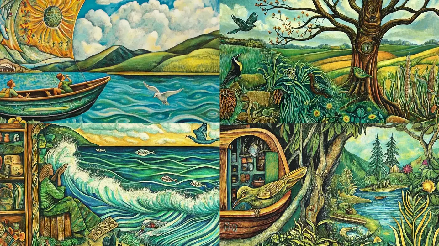 Vibrant Tapestry of Nature: A Fusion of Folk Art and Stylized Realism - Midjourney sref style