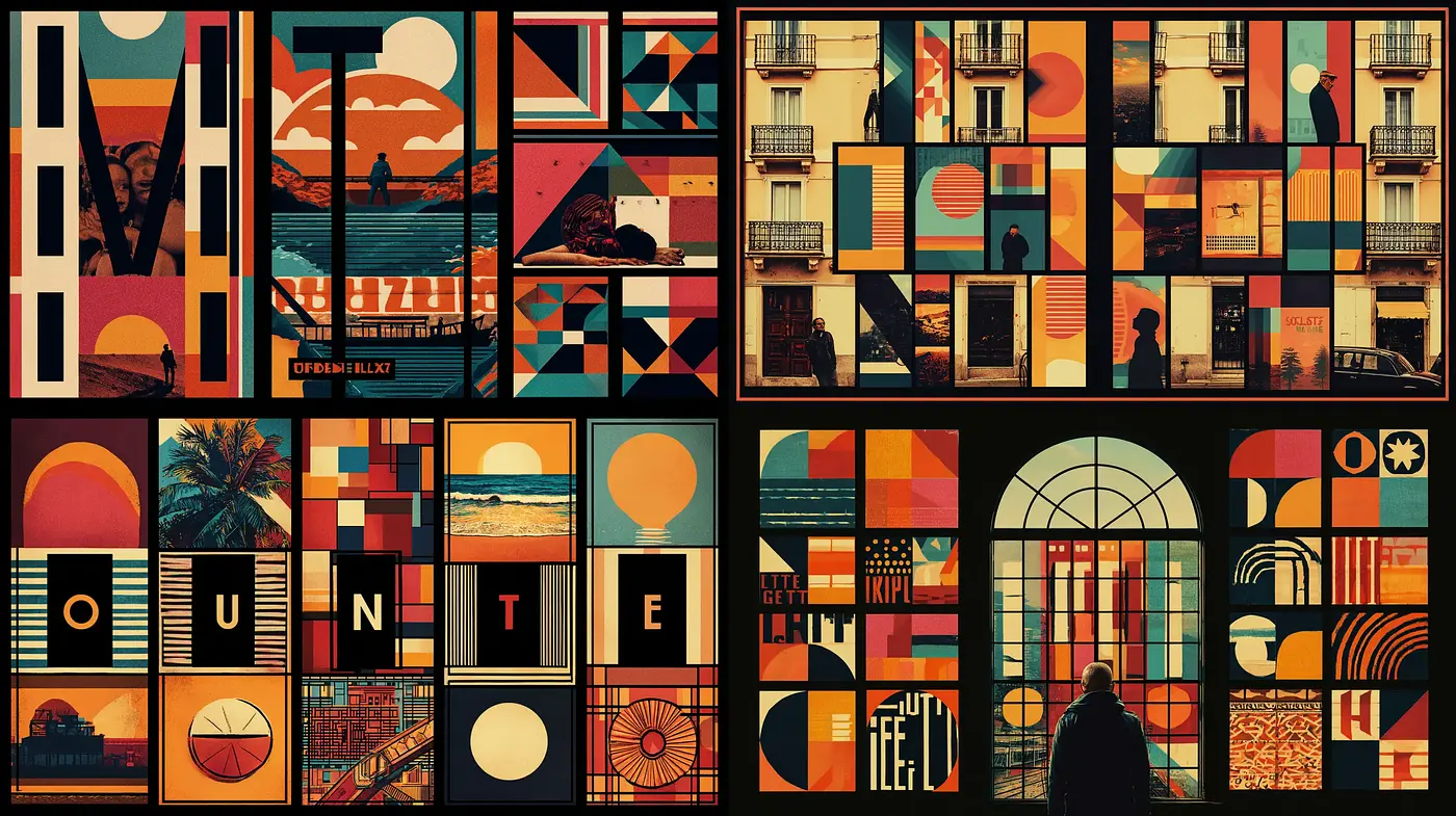 Dynamic Graphic Composition with Geometric Influences and Retro Vibes - Midjourney sref style