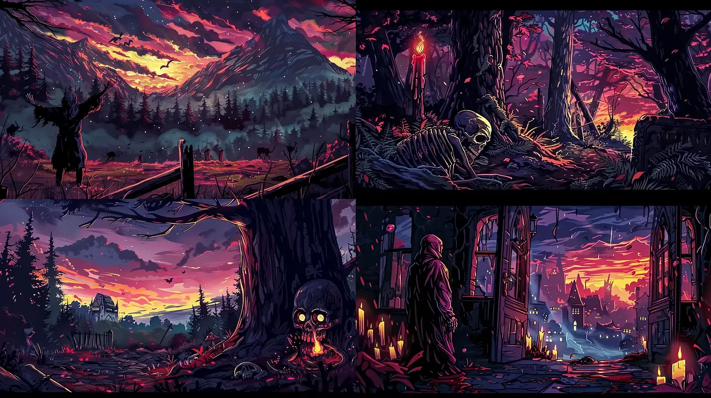 Eerie Twilight Illuminations: A Consistent Dance Between Dusk and Dread - Midjourney sref style