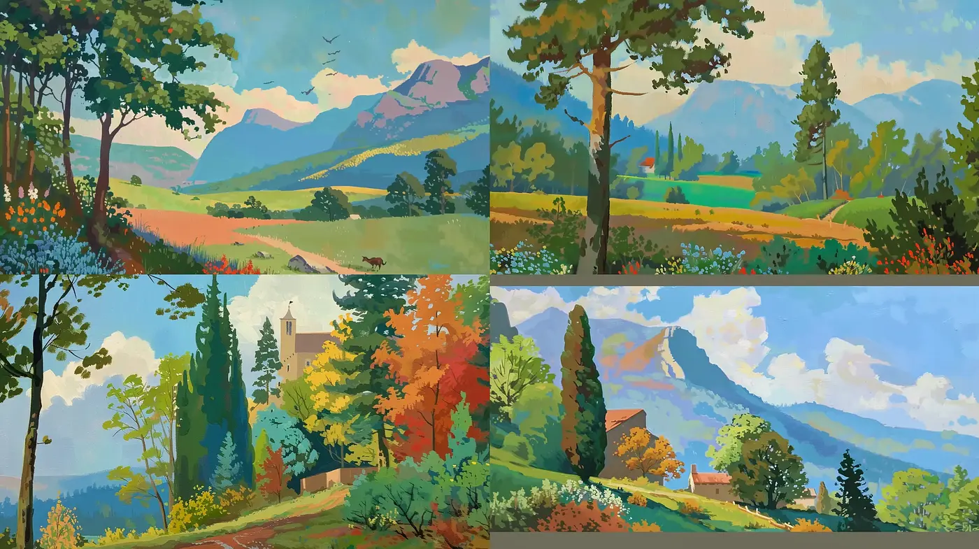 Serene Pastoral Landscapes in Stylized Impressionistic Hues - Midjourney sref style
