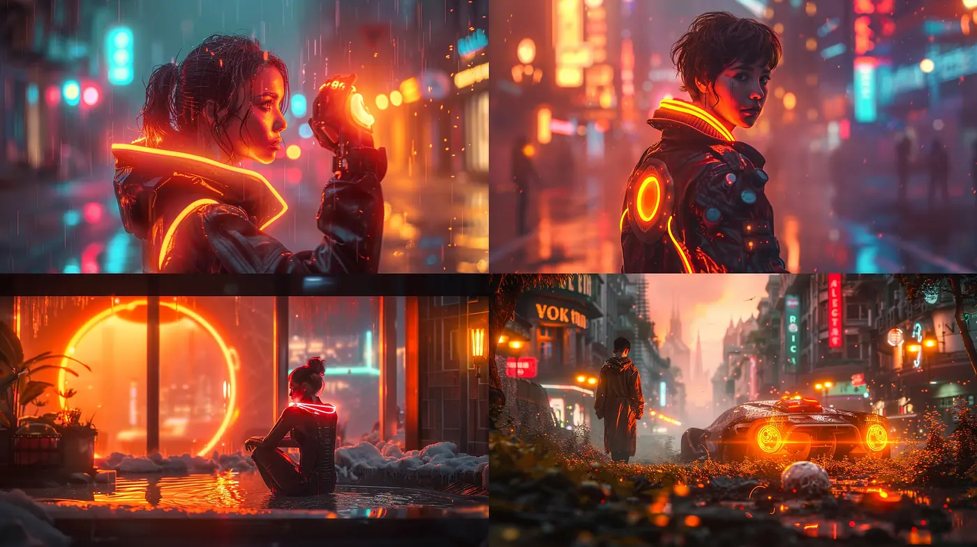 Neon-Nocturne Cyberpunk Aesthetic with Rainy Urban Backdrop - Midjourney sref style