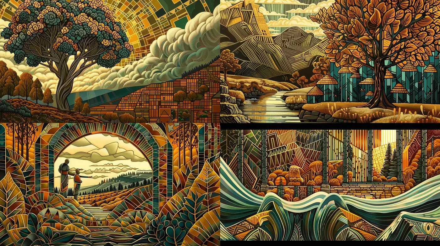 Harmonious Nature Mosaic: A Tapestry of Earthy Hues and Rhythmic Patterns - Midjourney sref style