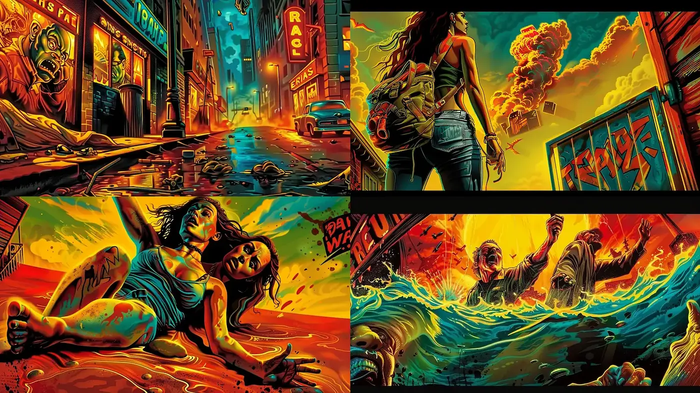 Dynamic and Vivid Urban Dystopia with Bold Expressions - Midjourney sref style