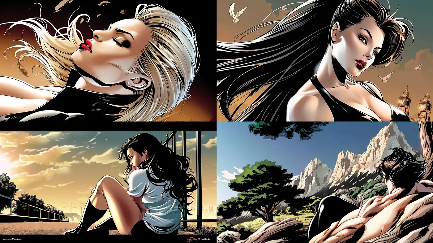 Dynamic Graphic Novel Elegance: A Fusion of Vivid Imagery and Comic Book Artistry - Midjourney sref style
