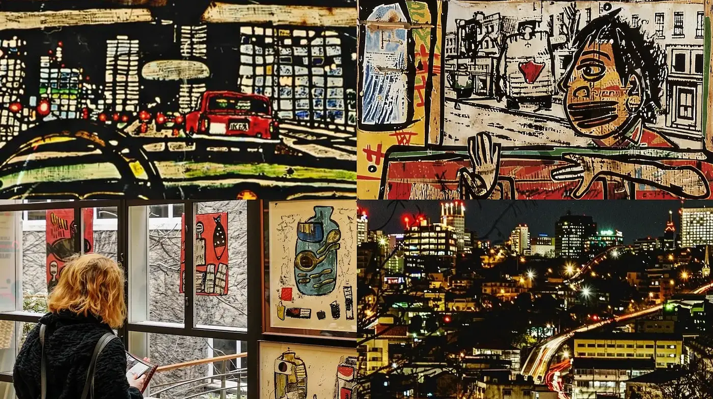 Mixed media with urban and expressive themes in a nostalgic style - Midjourney sref style