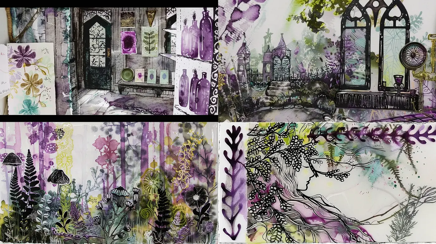 Whimsical Pen-and-Ink Inspired Watercolor Dreamscapes - Midjourney sref style