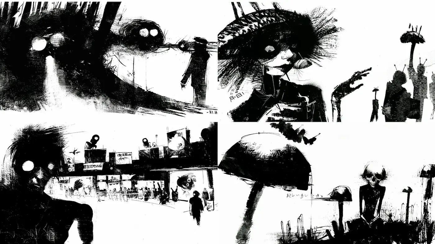 Surreal and Darkly Whimsical Illustrations with a Grunge Aesthetic - Midjourney sref style