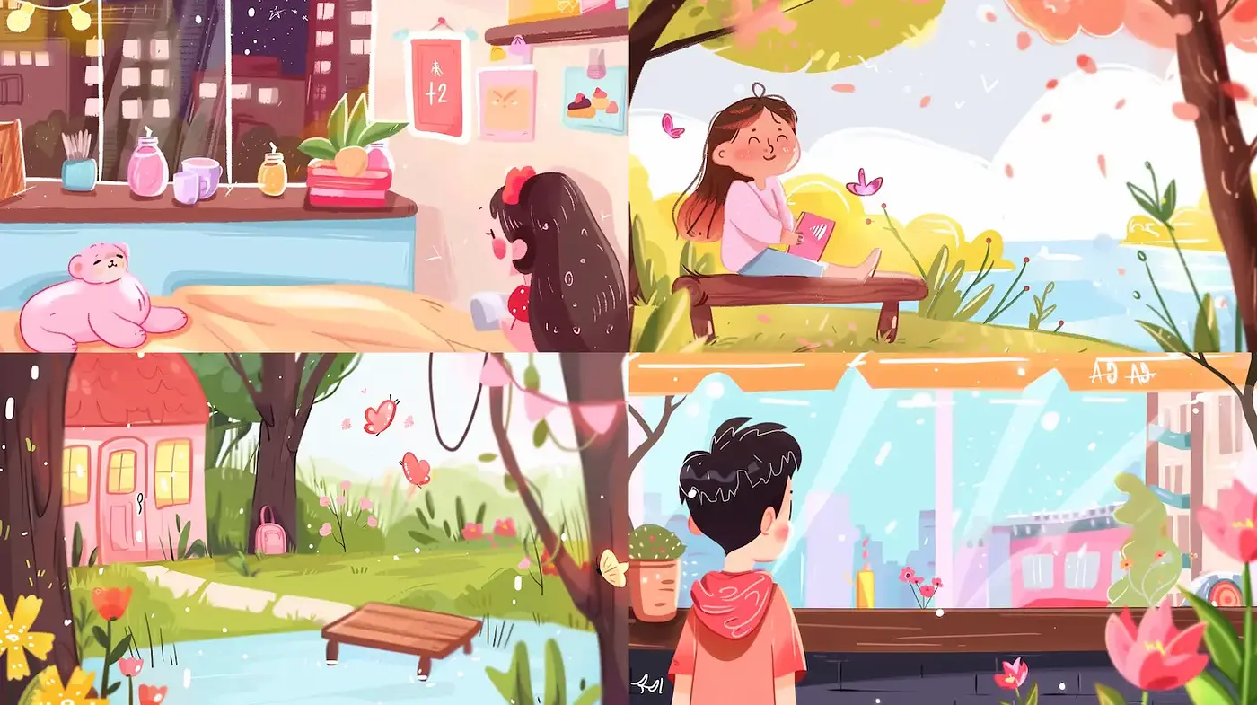 Charming and Whimsical Illustrations with Vibrant Scenery and Playful Characters - Midjourney sref style