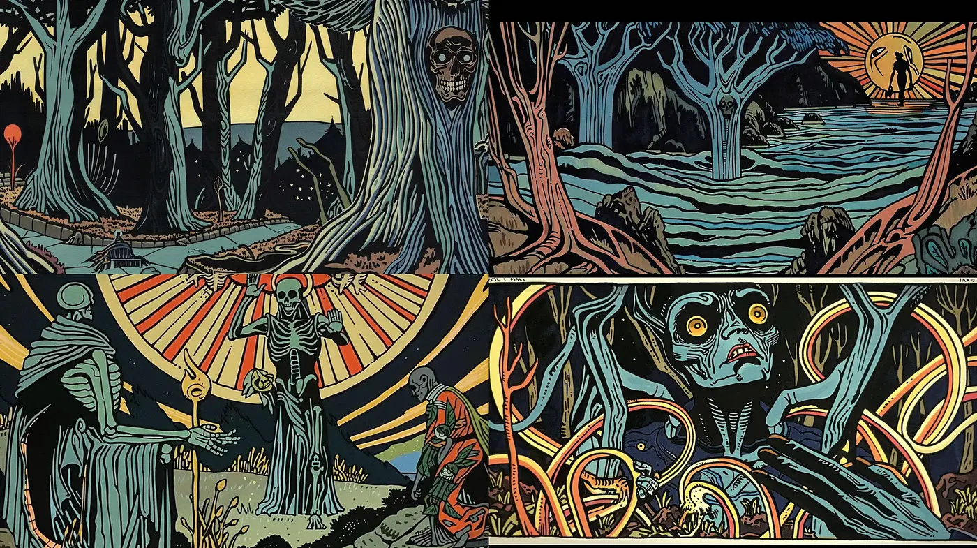Eerie Graphic Novel Panoramas with Expressionist Undertones - Midjourney sref style