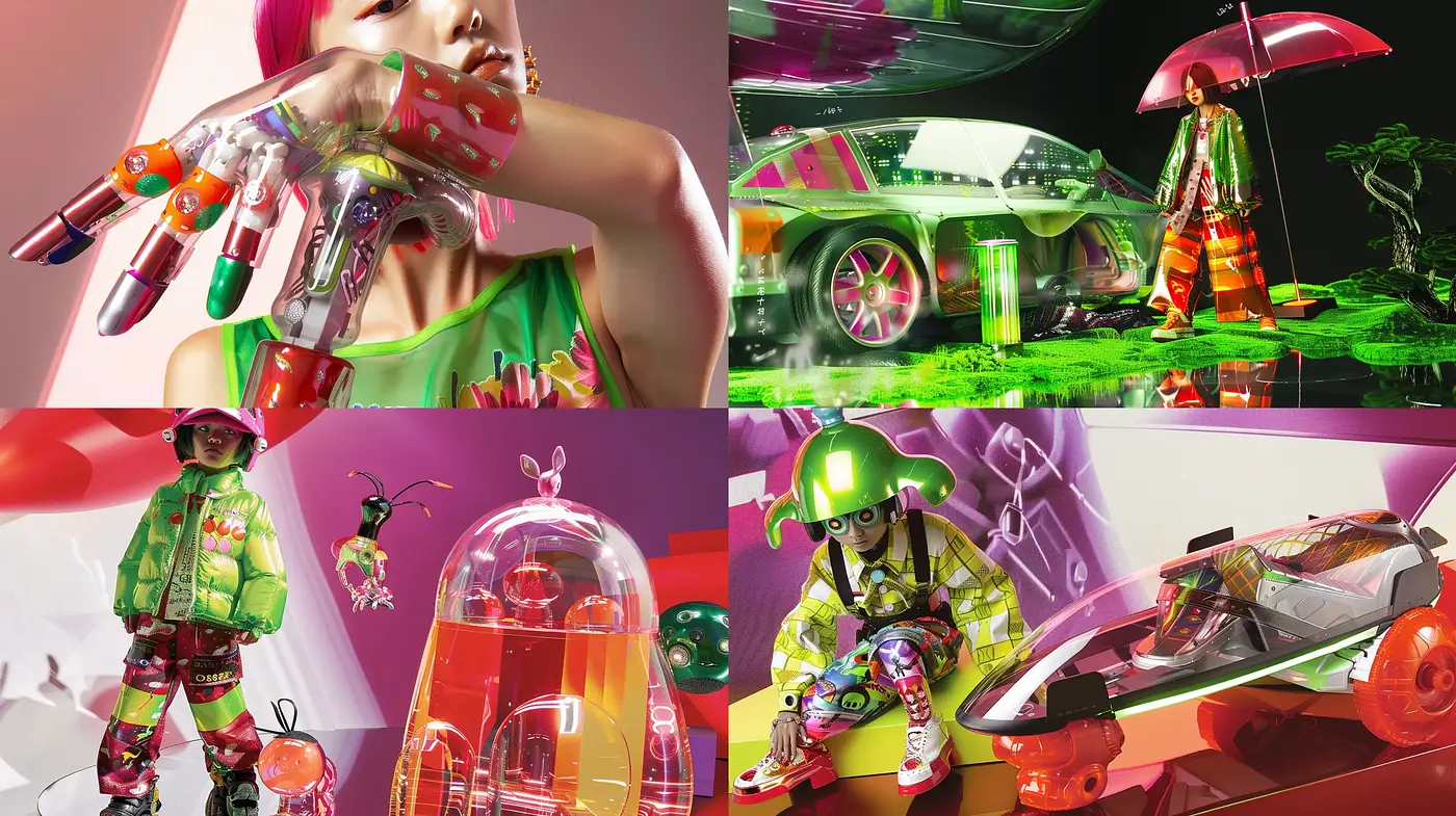 Futuristic Chromatic Vibrance: A Blend of High-Gloss and Neon Hues - Midjourney sref style