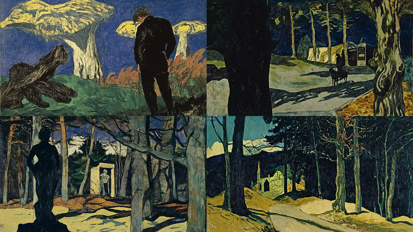 Eerie Expressionist Nocturne: Unity of Mood and Palette - Midjourney sref style