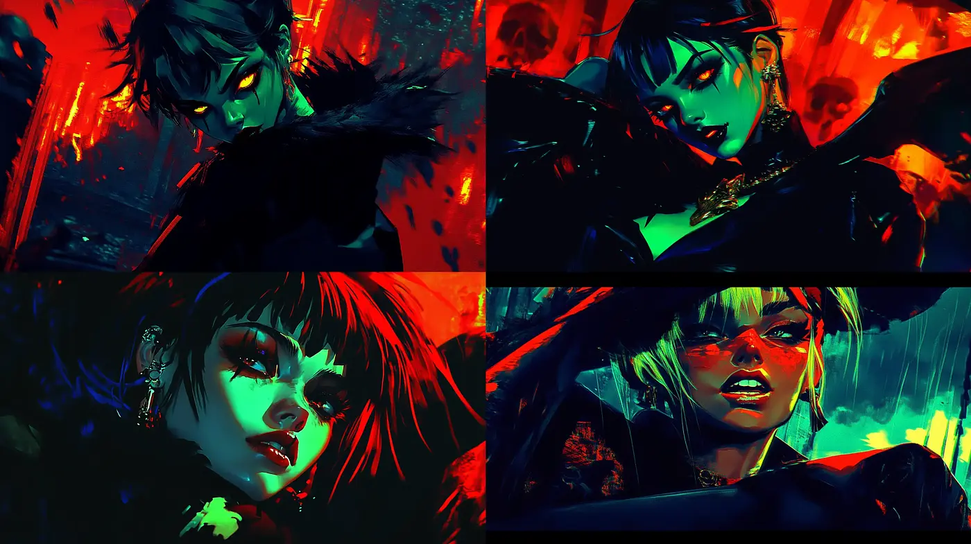 Neon-Noir Anime Fusion with Intense Character Portrayals - Midjourney sref style