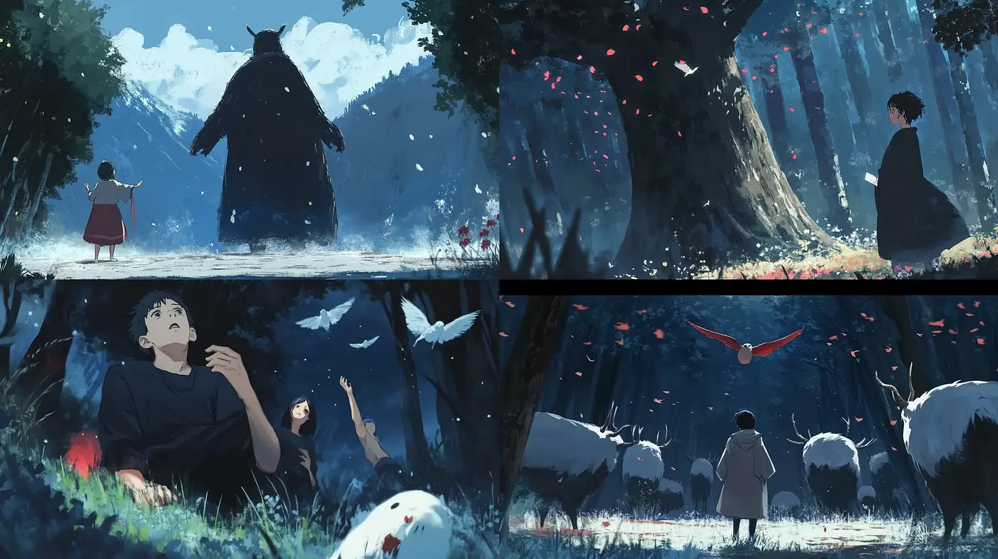 Enchanted Forest Whispers: A Panoramic Glimpse into a Mysterious Animated Saga - Midjourney sref style