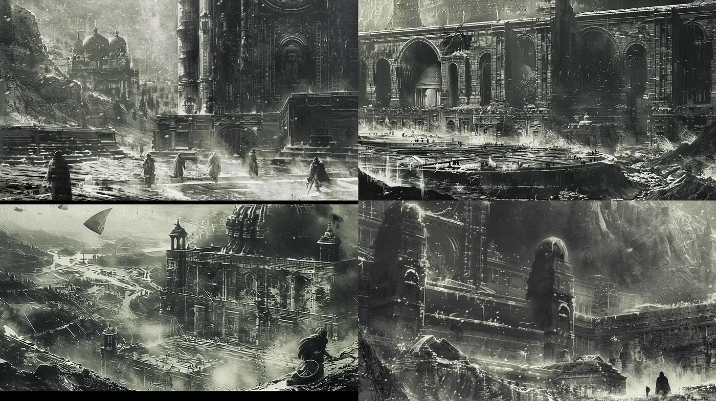 Ethereal Ruins in Monochromatic Dreamscape - Midjourney sref style