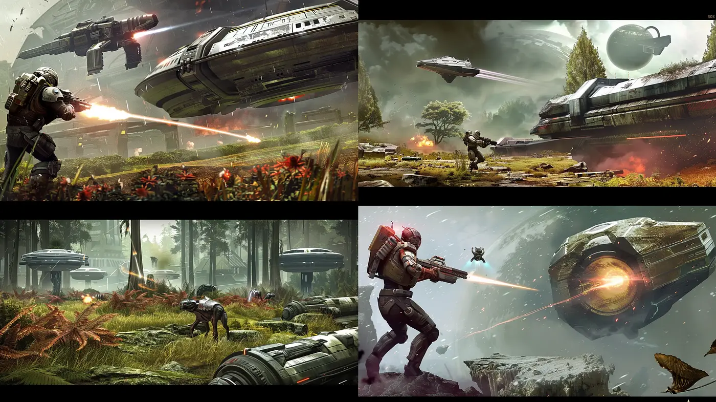 Futuristic Sci-Fi Battlefield Vistas with Lush Overgrowth and Deteriorating Structures - Midjourney sref style