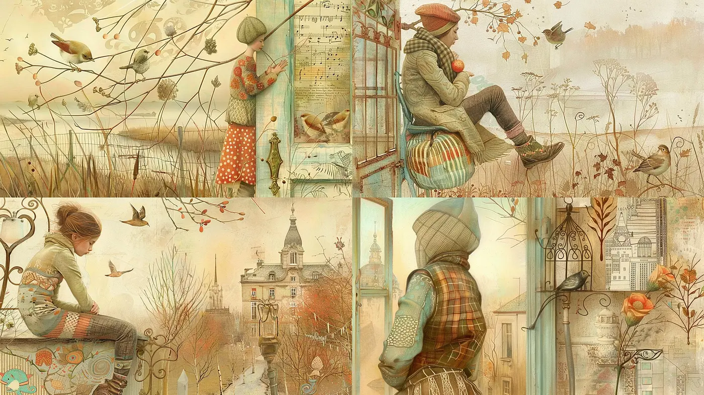 Time-Transcending Pastoral Whimsy: A Muted Watercolor Journey Through Serene Vignettes - Midjourney sref style