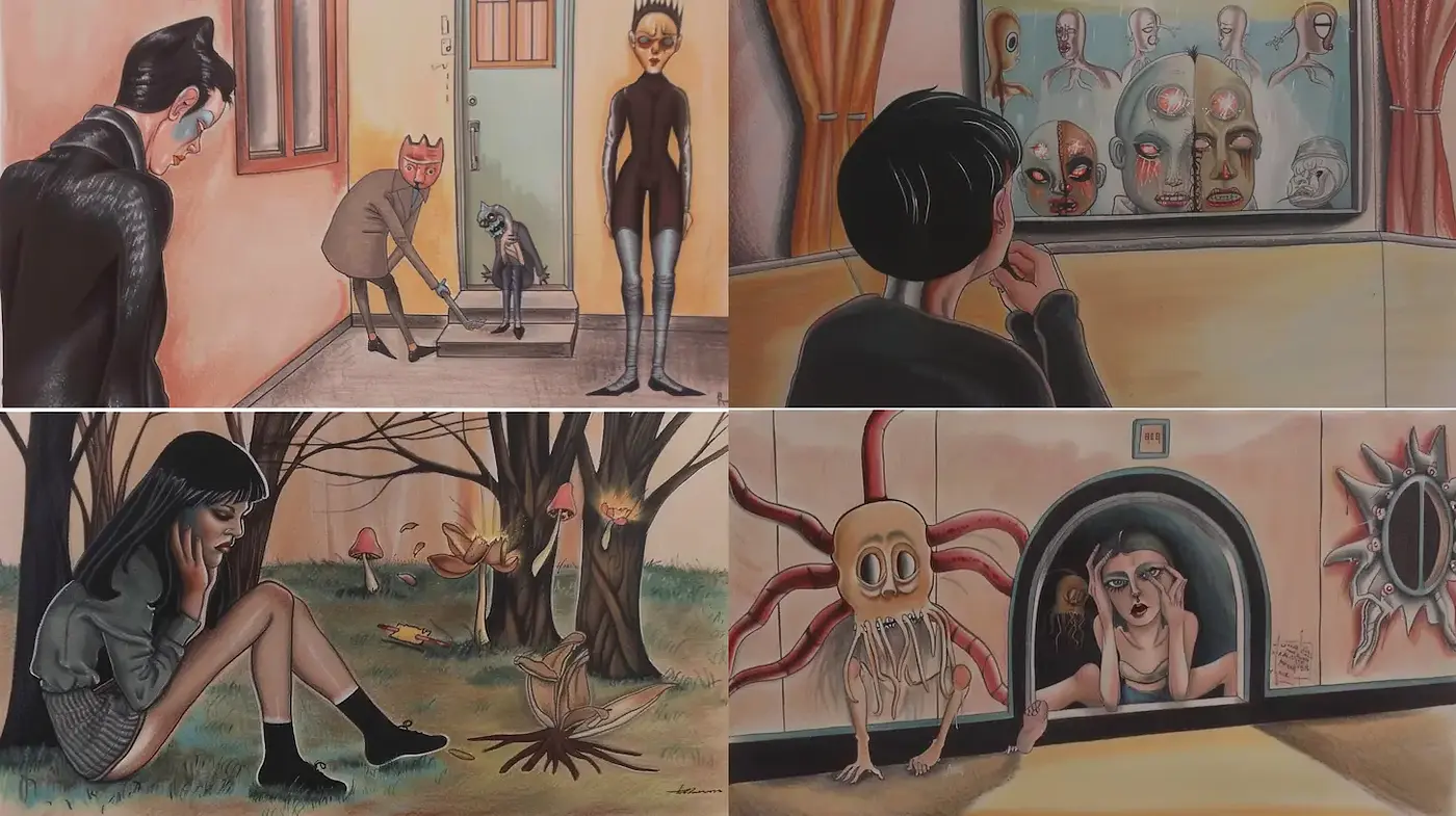 Surreal and Whimsical Narrative with an Illustrative Approach - Midjourney sref style